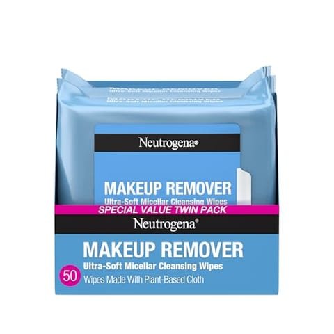 Neutrogena Makeup Remover Wipes Micellar Alcohol-Free Face Towelettes Remove Waterproof Mascara & Oil, Compostable 100% Plant-Based Cloth, Dermatologist & Ophthalmologist Tested, Twin Pack 2 x 25 ct